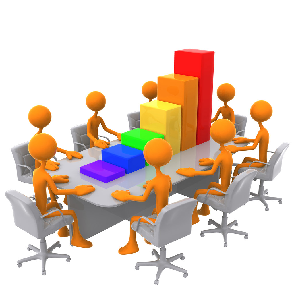 3D orange figures seated around a table with a rising colorful bar chart